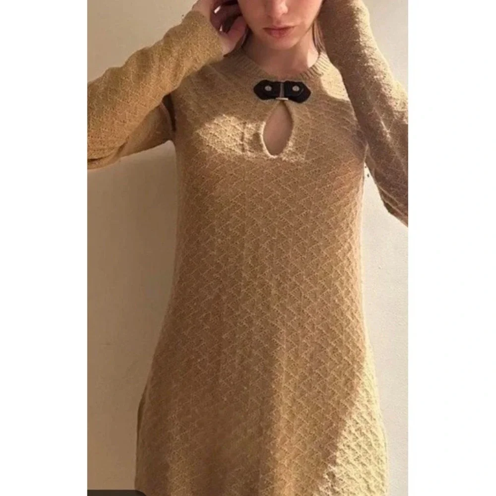 Tory Burch Knit Tunic Sweater Wmns S Tan Wool Alpaca Leather Keyhole Equestrian
